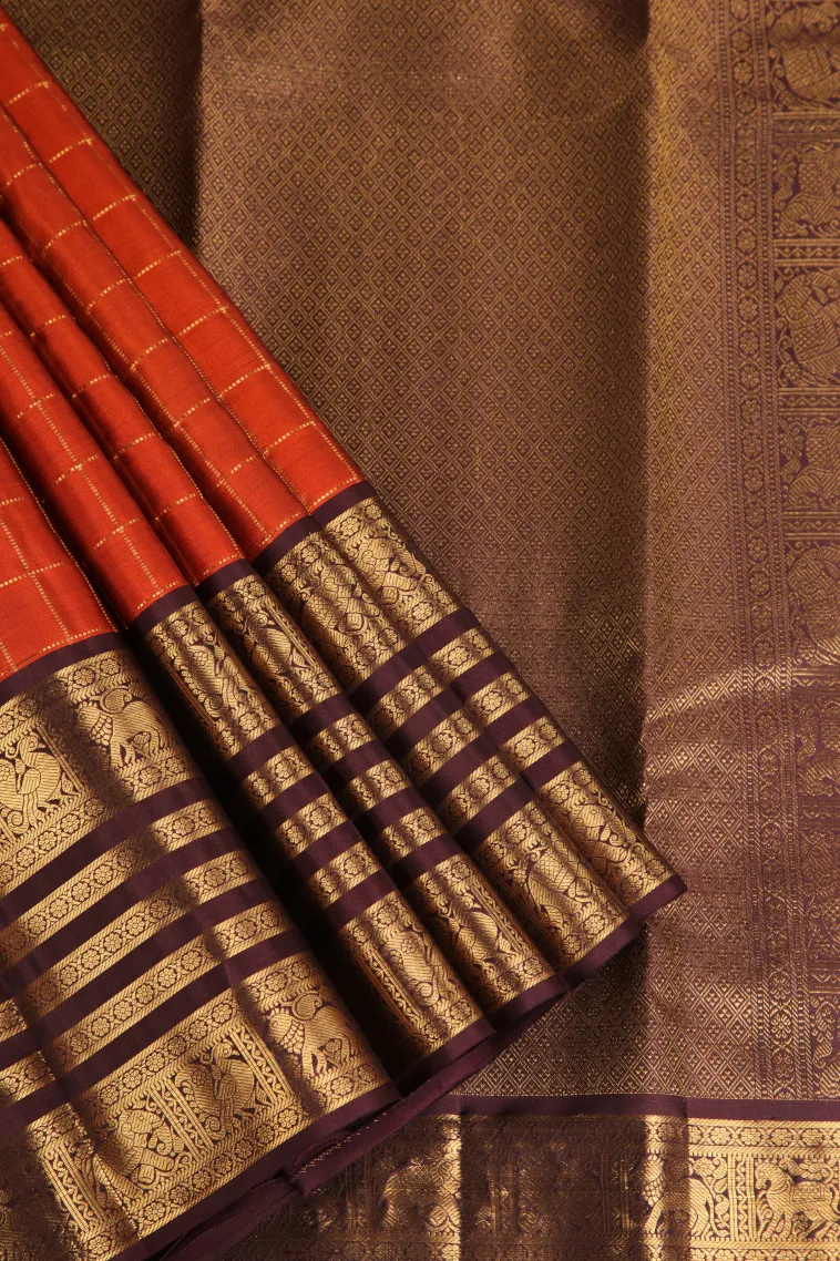 Fire Orange Kanchipuram Silk Sarees with Gold Zari Checks