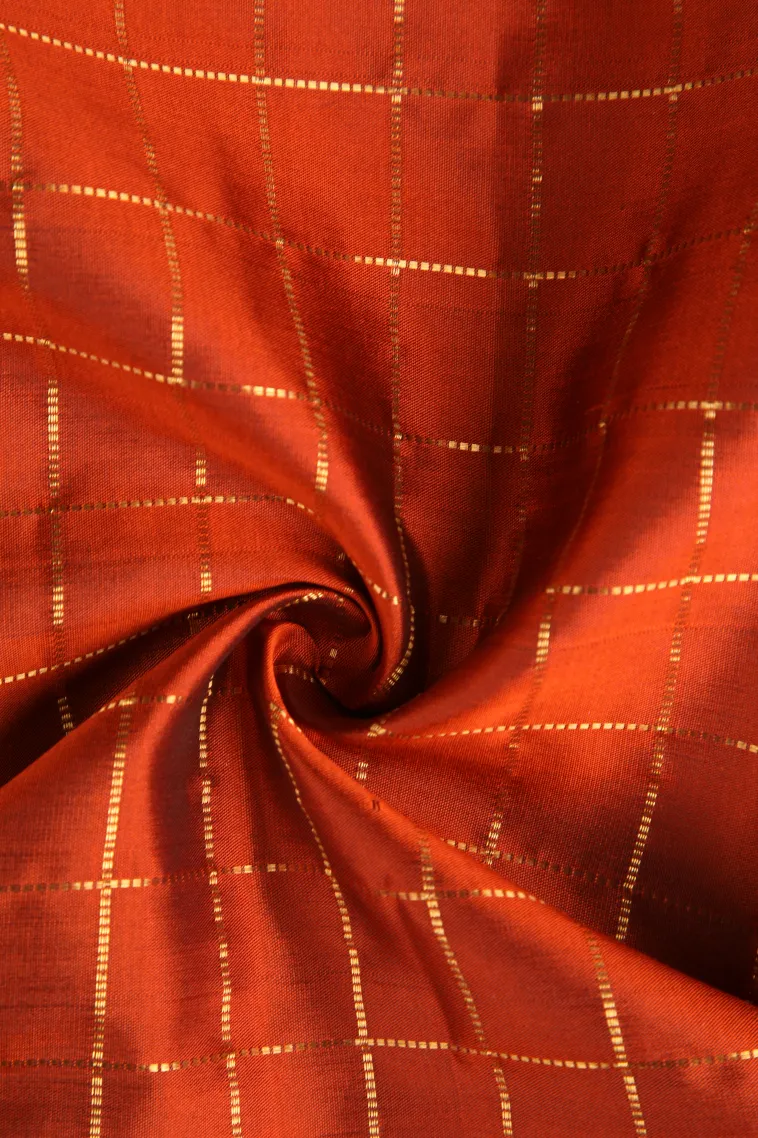 Fire Orange Kanchipuram Silk Sarees with Gold Zari Checks view 4