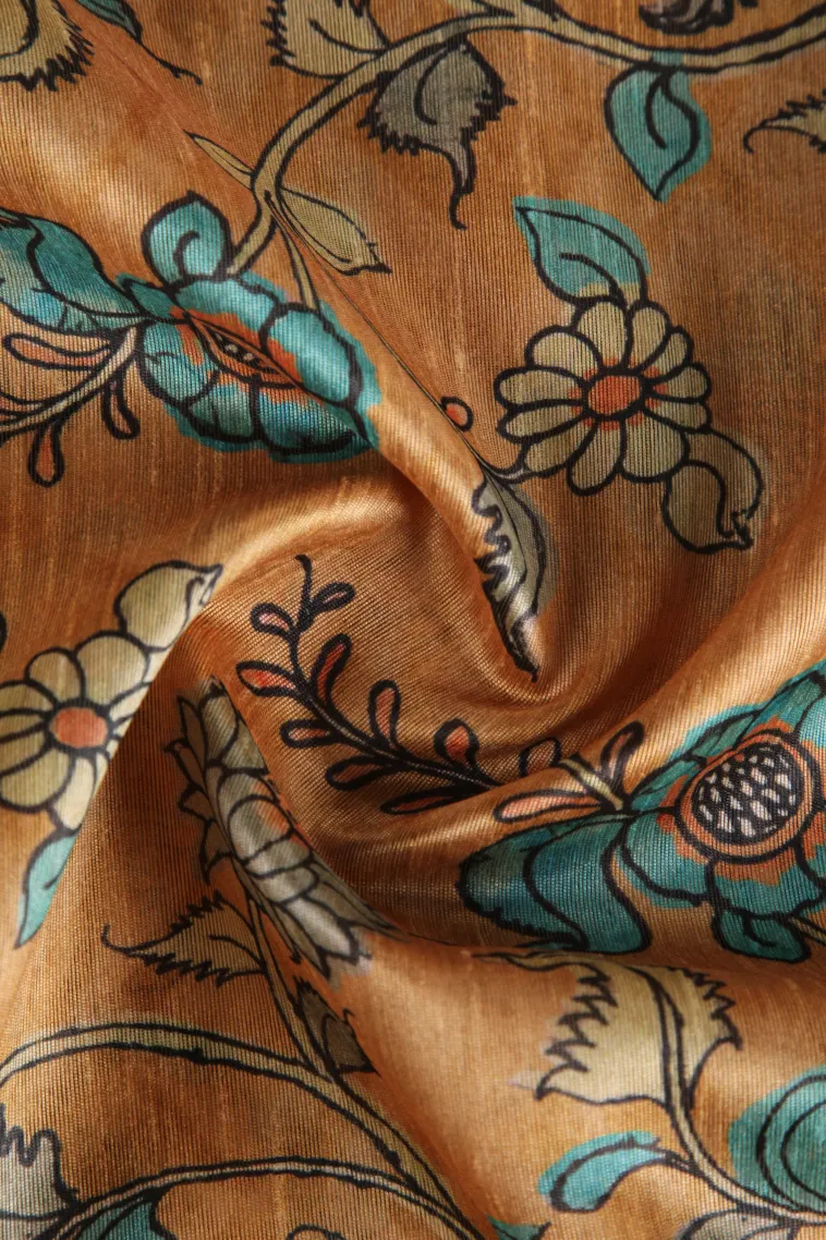 Gold Tussar Saree with Gold Zari Floral Patterns view 4