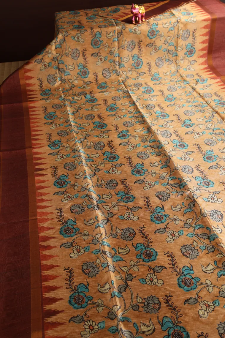 Gold Tussar Saree with Gold Zari Floral Patterns view 2