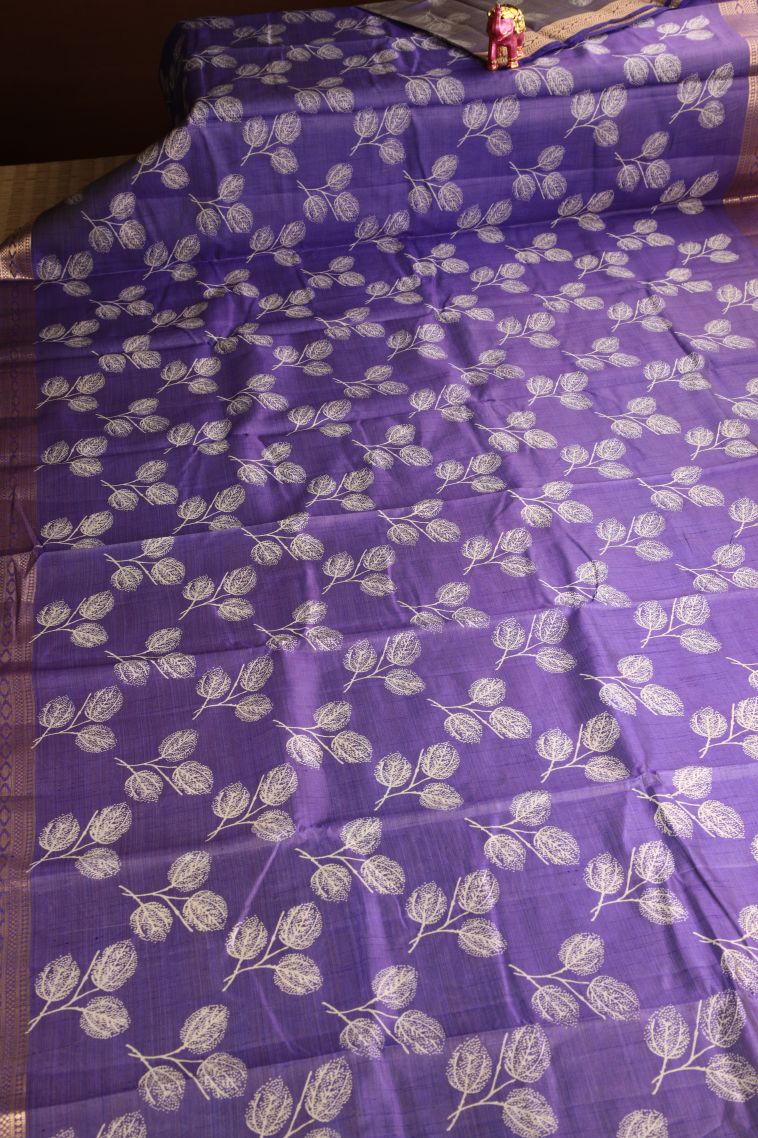 Mauve Purple Semi Raw Silk Printed Gold Zari with Leaf Pattern view 2