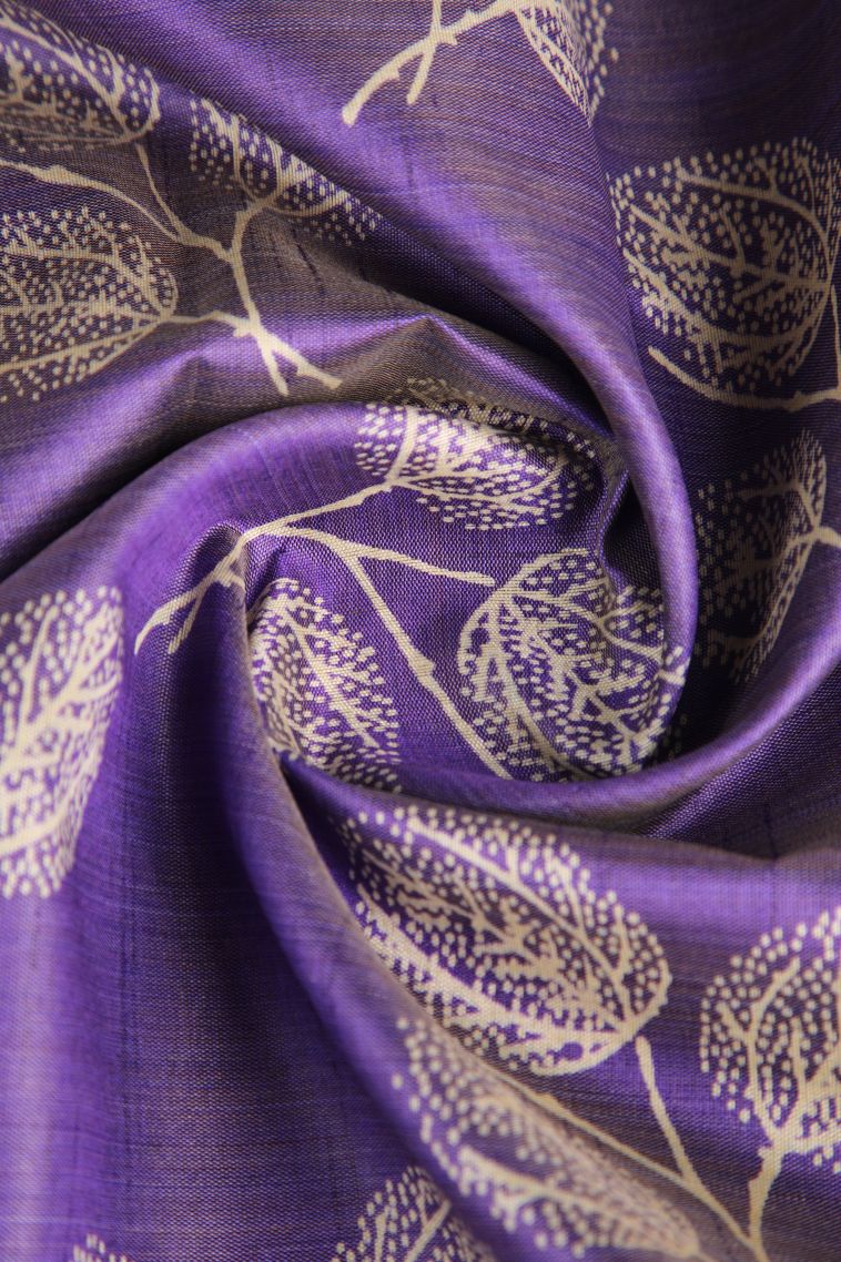 Mauve Purple Semi Raw Silk Printed Gold Zari with Leaf Pattern view 4