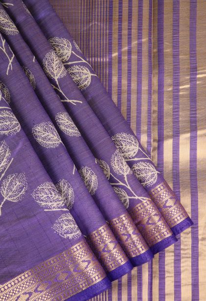 Mauve Purple Semi Raw Silk Printed Gold Zari with Leaf Pattern