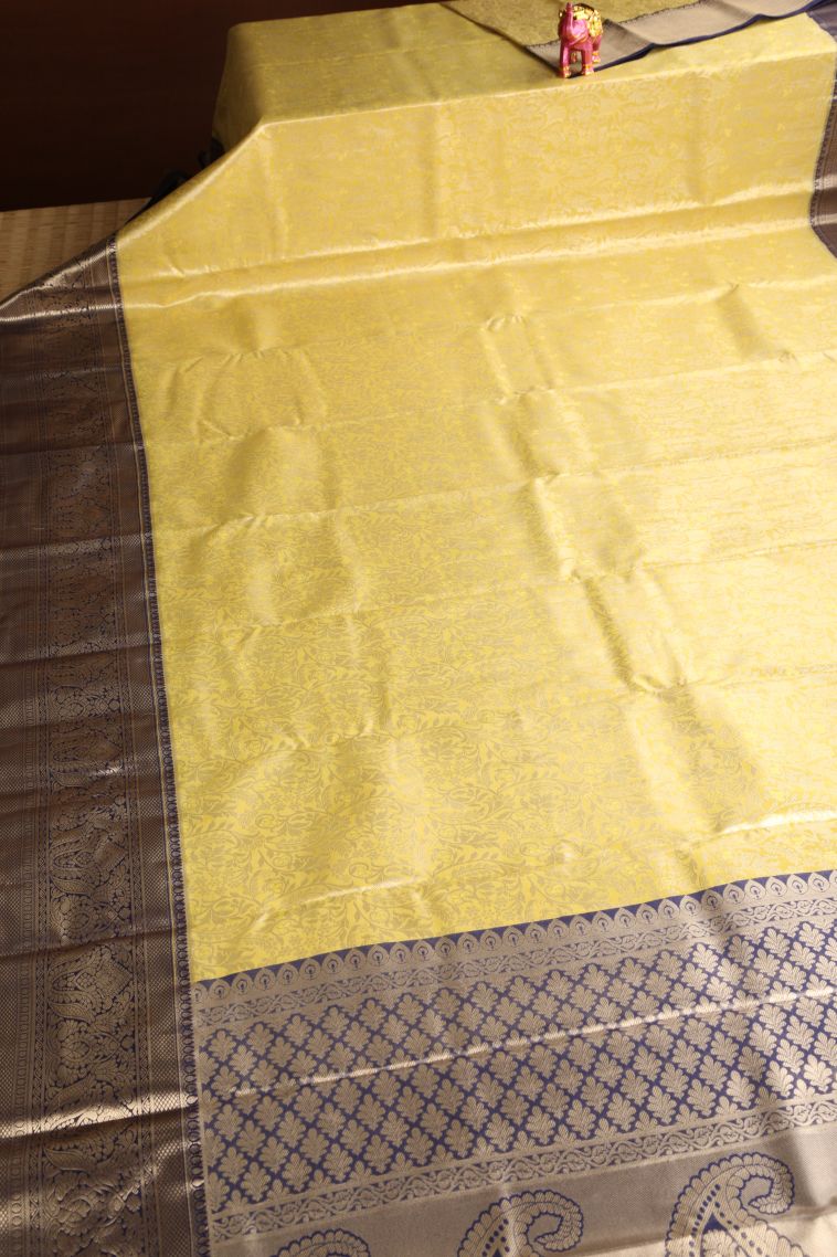 Lemon Yellow Apoorva Silk Sarees with Copper Zari Floral Patterns view 2