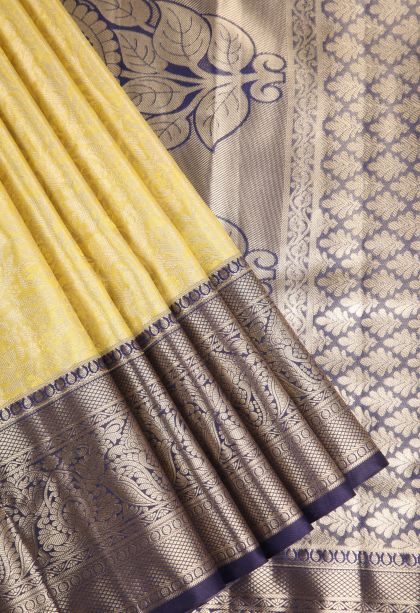 Lemon Yellow Apoorva Silk Sarees with Copper Zari Floral Patterns