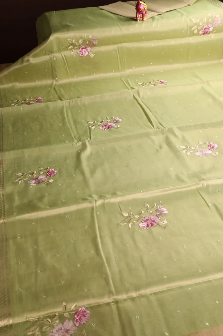Olive Green Organza Saree Without Zari With Floral Puttas Embroidary view 2