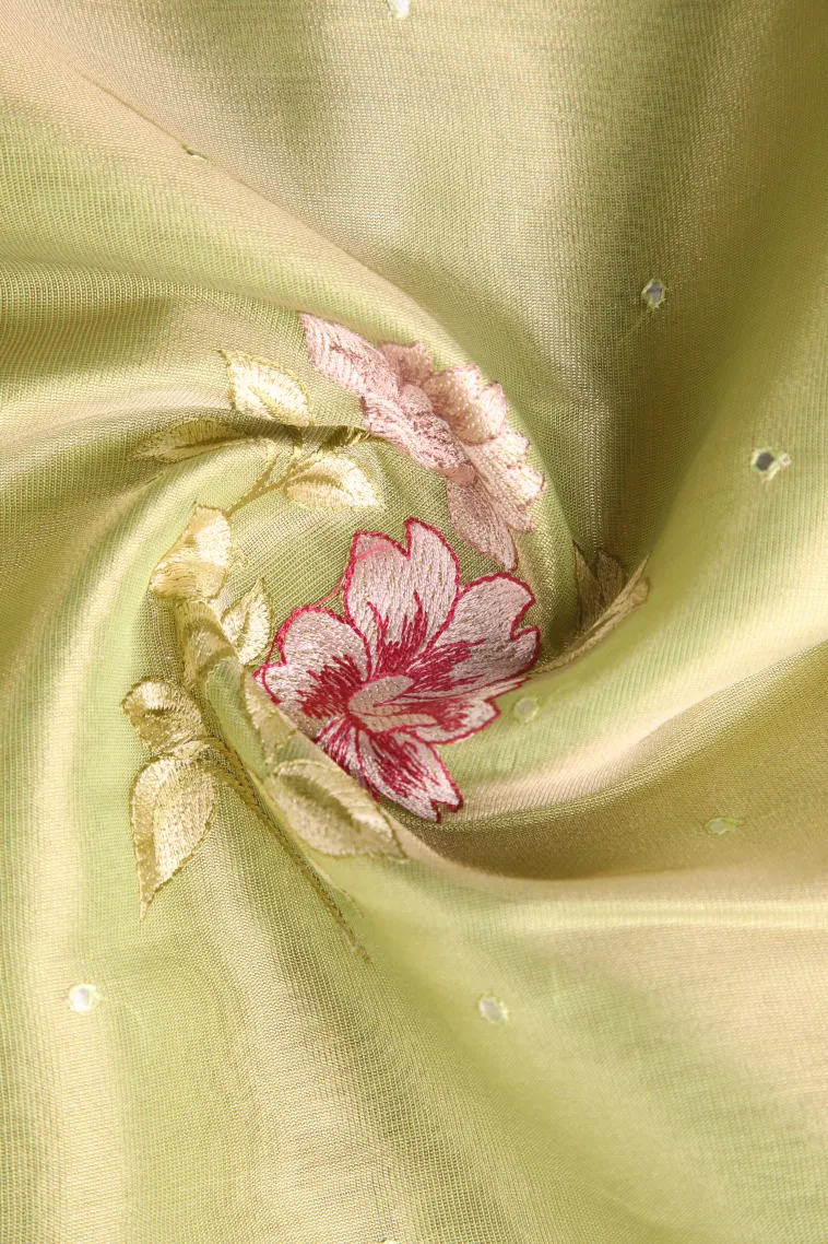 Olive Green Organza Saree Without Zari With Floral Puttas Embroidary view 4