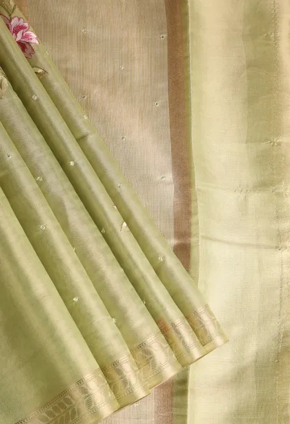 Olive Green Organza Saree Without Zari With Floral Puttas Embroidary