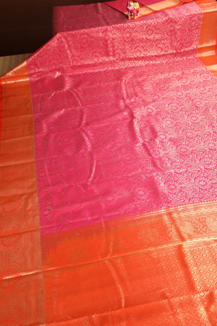 Punch Pink Apoorva Silk Sarees with Copper Zari Floral Patterns view 2