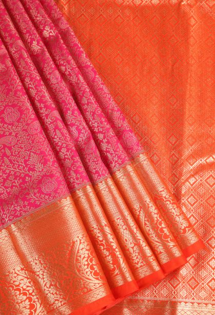 Punch Pink Apoorva Silk Sarees with Copper Zari Floral Patterns