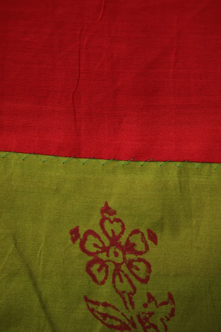 Lime Green Poly Cotton Sarees Without Zari With Floral Puttas view 3