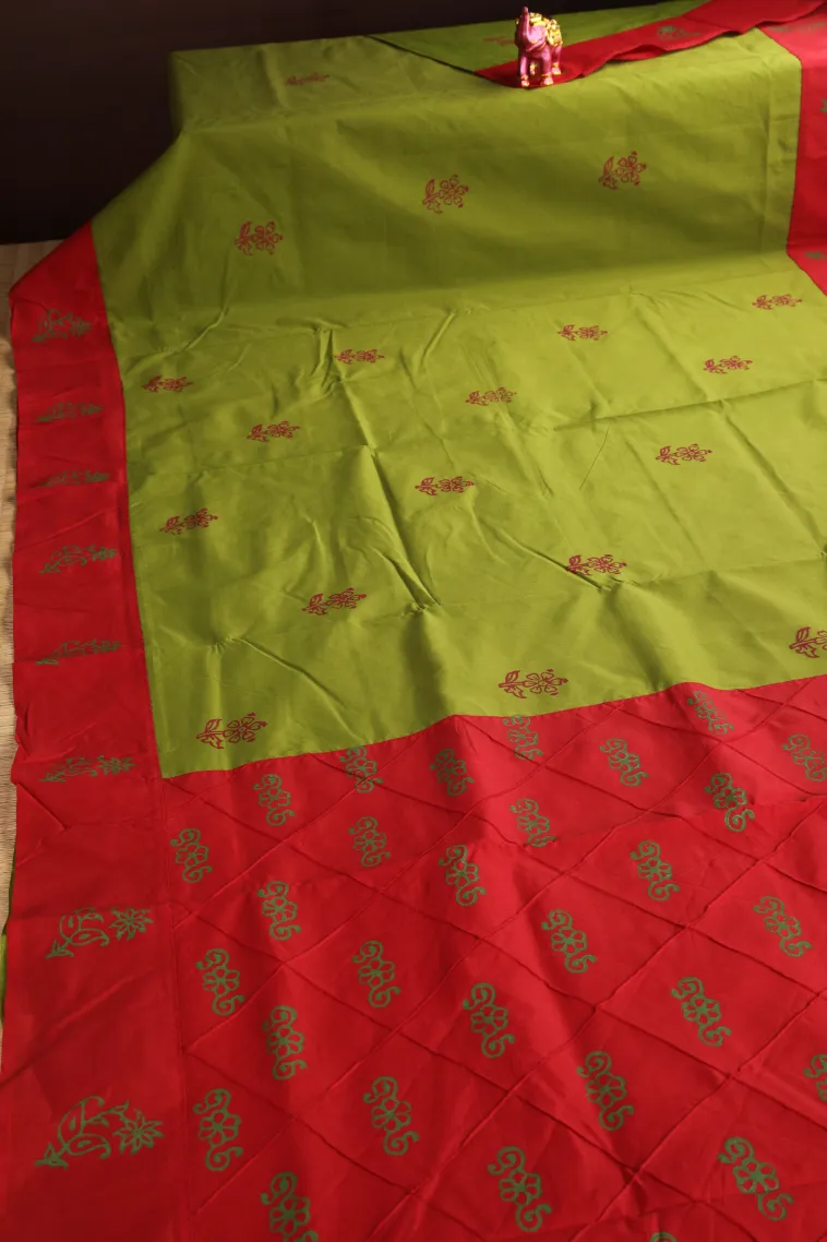 Lime Green Poly Cotton Sarees Without Zari With Floral Puttas view 2