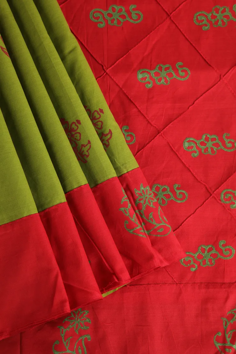 Lime Green Poly Cotton Sarees Without Zari With Floral Puttas