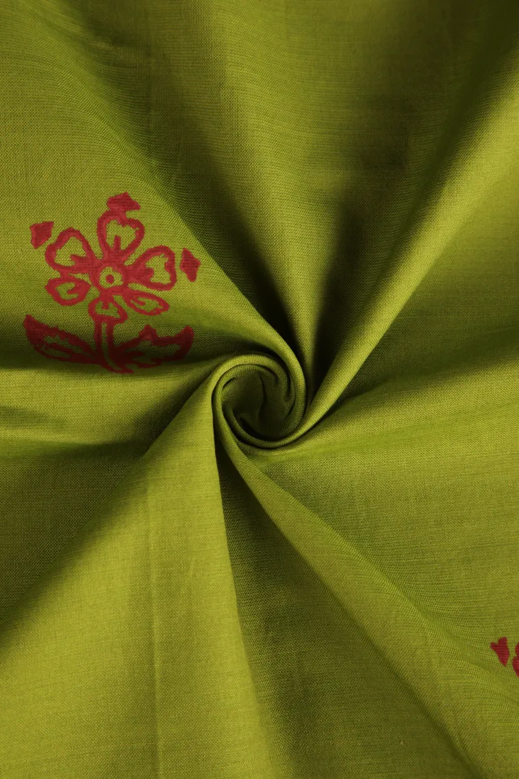Lime Green Poly Cotton Sarees Without Zari With Floral Puttas view 4