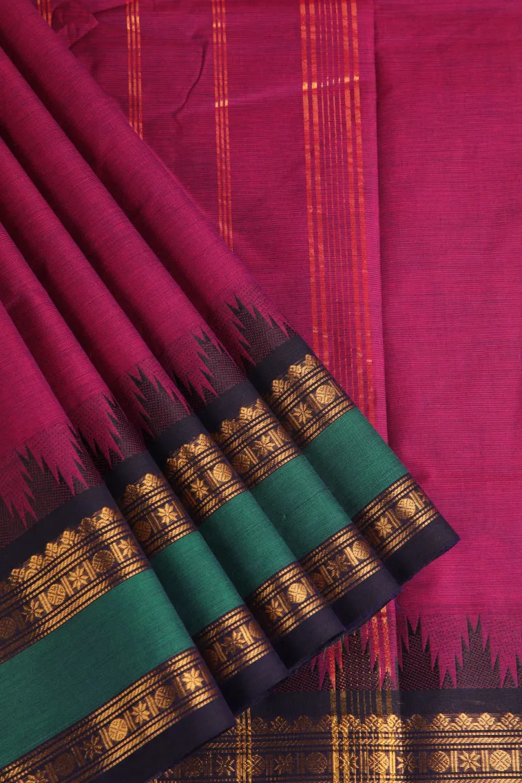 Magenta Pink Chettinad Cotton Sarees with Gold Zari Plain