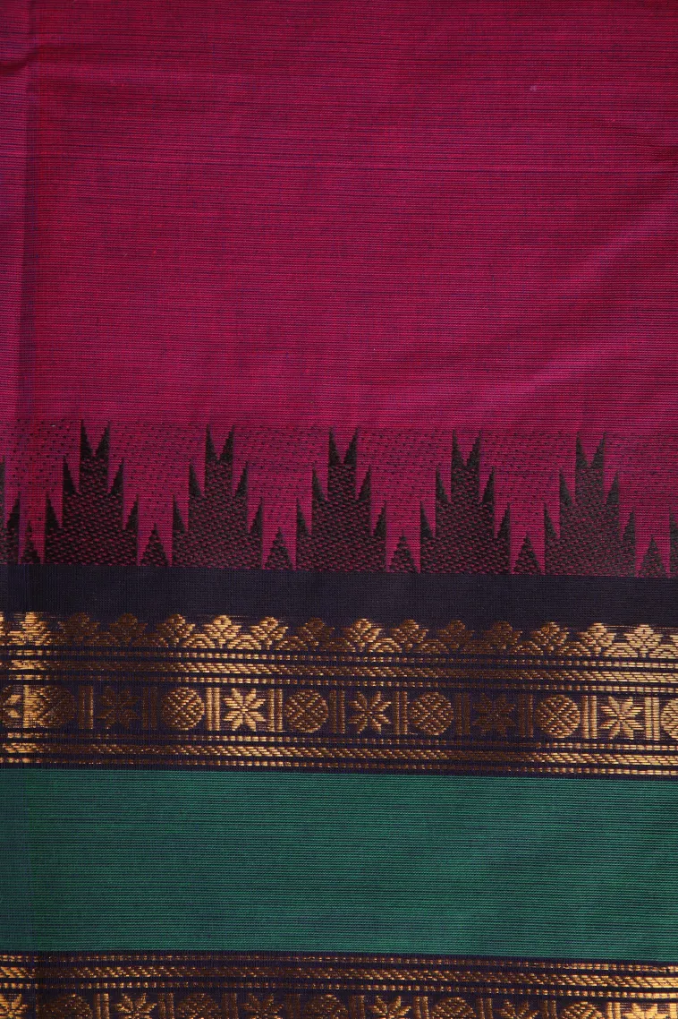 Magenta Pink Chettinad Cotton Sarees with Gold Zari Plain view 3