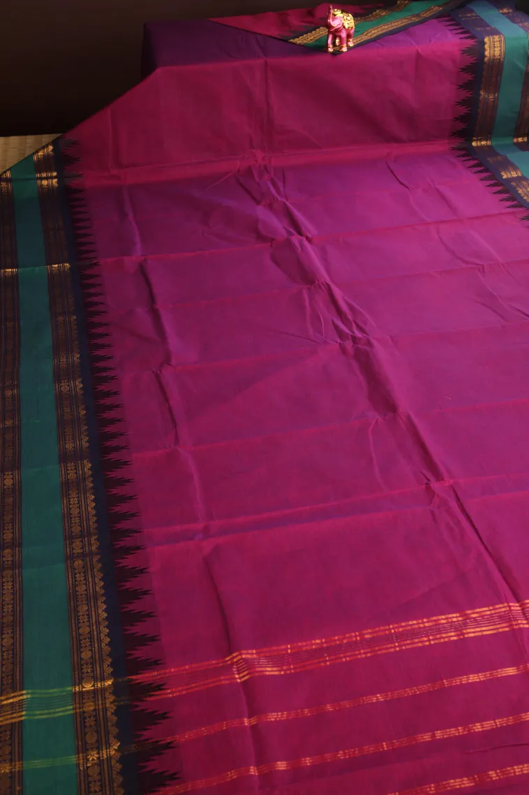Magenta Pink Chettinad Cotton Sarees with Gold Zari Plain view 2
