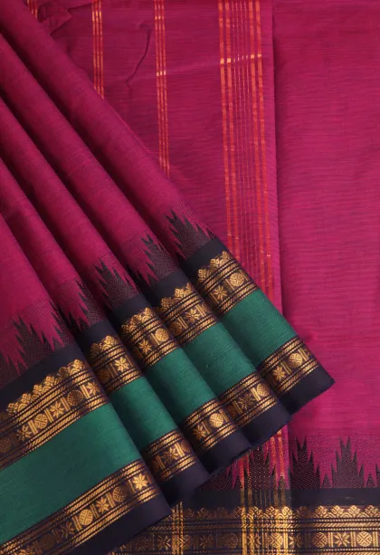 Magenta Pink Chettinad Cotton Sarees with Gold Zari Plain