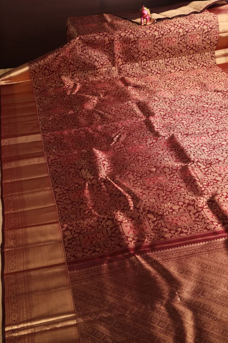 Berry Red Kanchipuram Silk Sarees with Gold Zari Floral Patterns view 2