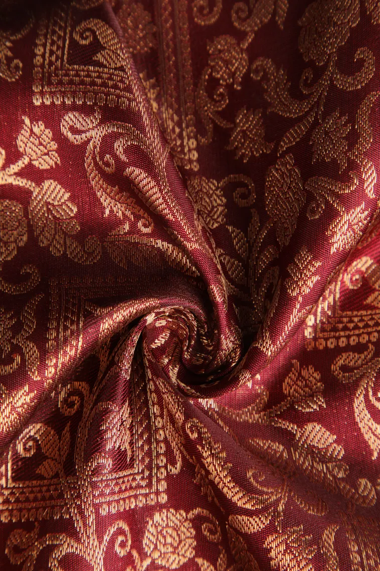 Berry Red Kanchipuram Silk Sarees with Gold Zari Floral Patterns view 4