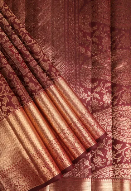 Berry Red Kanchipuram Silk Sarees with Gold Zari Floral Patterns
