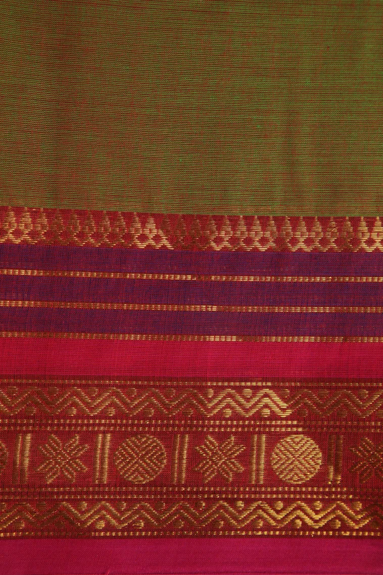 Olive Green Chettinad Cotton Sarees with Gold Zari Plain view 3