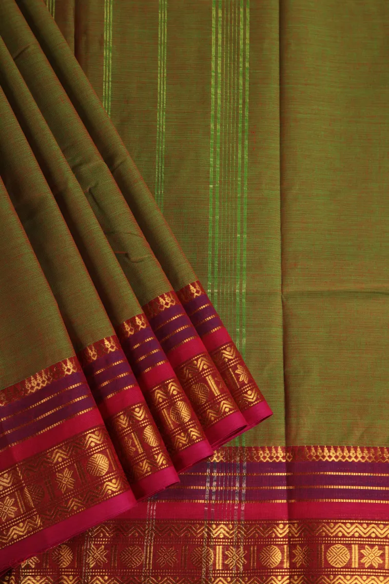 Olive Green Chettinad Cotton Sarees with Gold Zari Plain