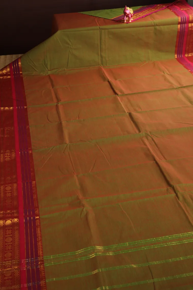 Olive Green Chettinad Cotton Sarees with Gold Zari Plain view 2