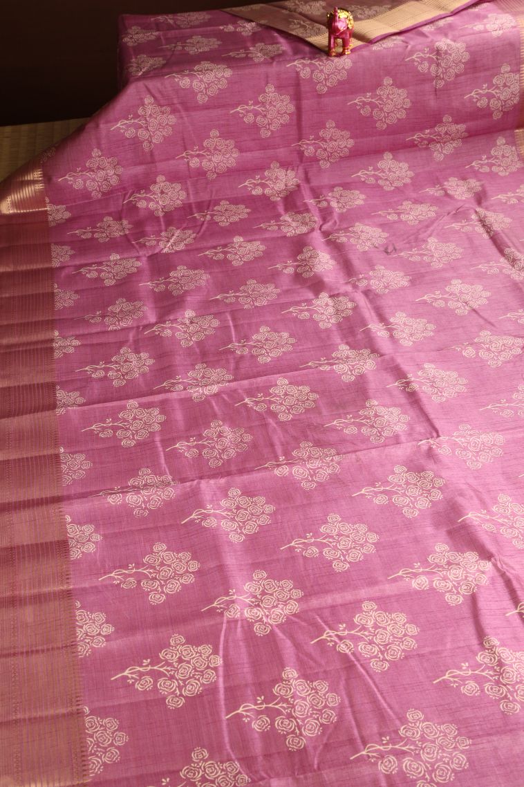 Rose Pink Semi Raw Silk Printed Gold Zari with Floral Patterns view 2