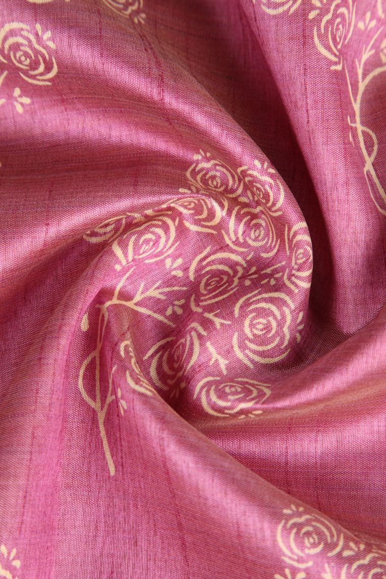 Rose Pink Semi Raw Silk Printed Gold Zari with Floral Patterns view 4