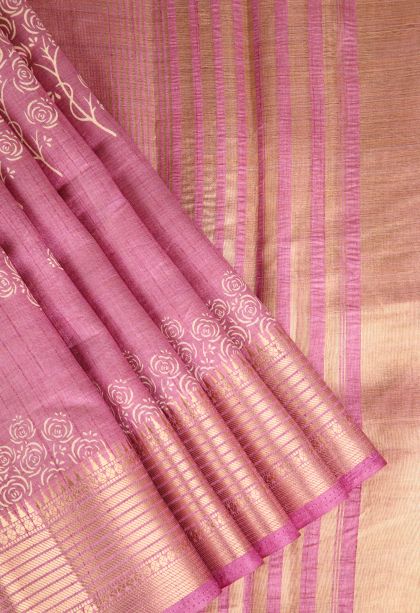 Rose Pink Semi Raw Silk Printed Gold Zari with Floral Patterns