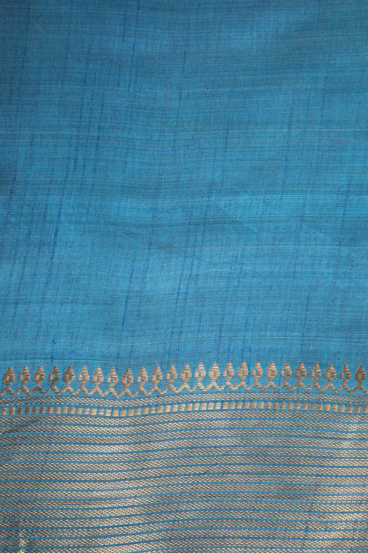 Cerulean Blue Semi Raw Silk Printed Gold Zari with Floral Patterns view 3