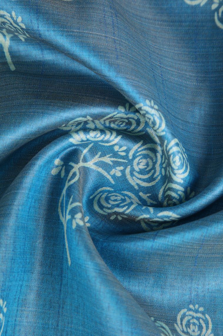 Cerulean Blue Semi Raw Silk Printed Gold Zari with Floral Patterns view 4