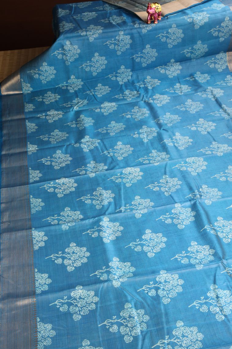 Cerulean Blue Semi Raw Silk Printed Gold Zari with Floral Patterns view 2