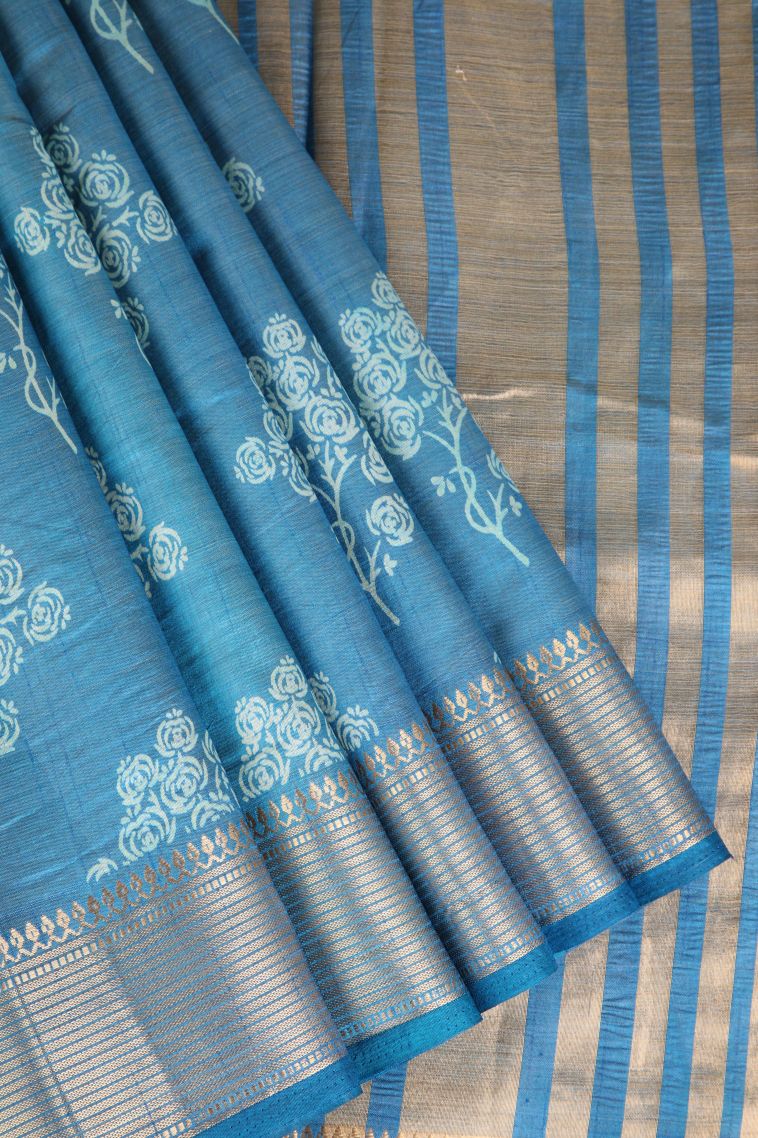 Cerulean Blue Semi Raw Silk Printed Gold Zari with Floral Patterns