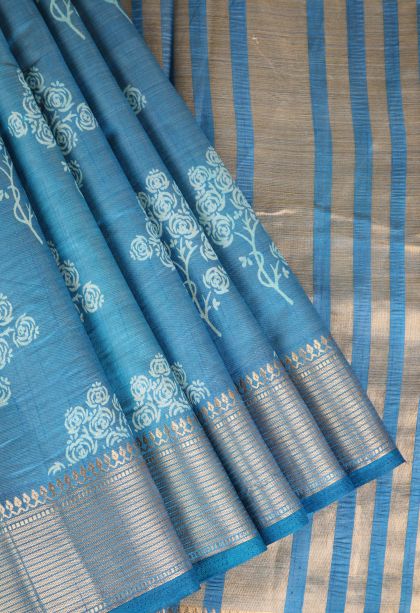 Cerulean Blue Semi Raw Silk Printed Gold Zari with Floral Patterns