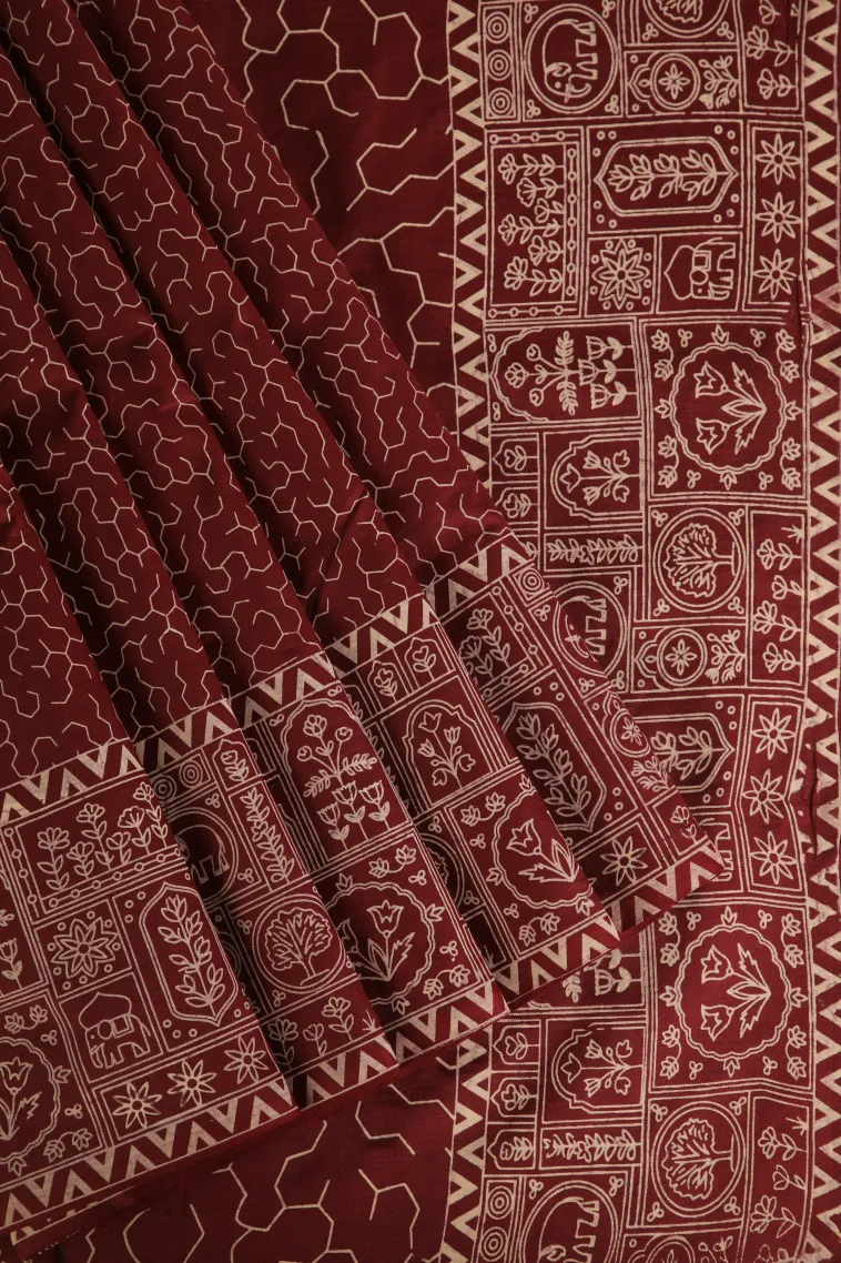 Berry Red Poly Cotton Sarees Without Zari With Floral Patterns