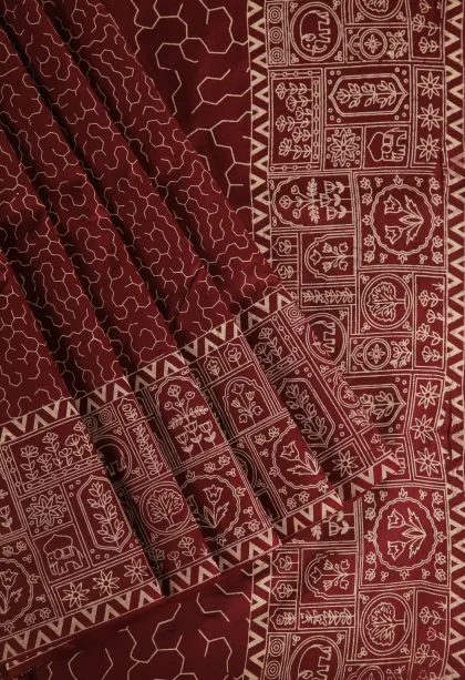 Berry Red Poly Cotton Sarees Without Zari With Floral Patterns