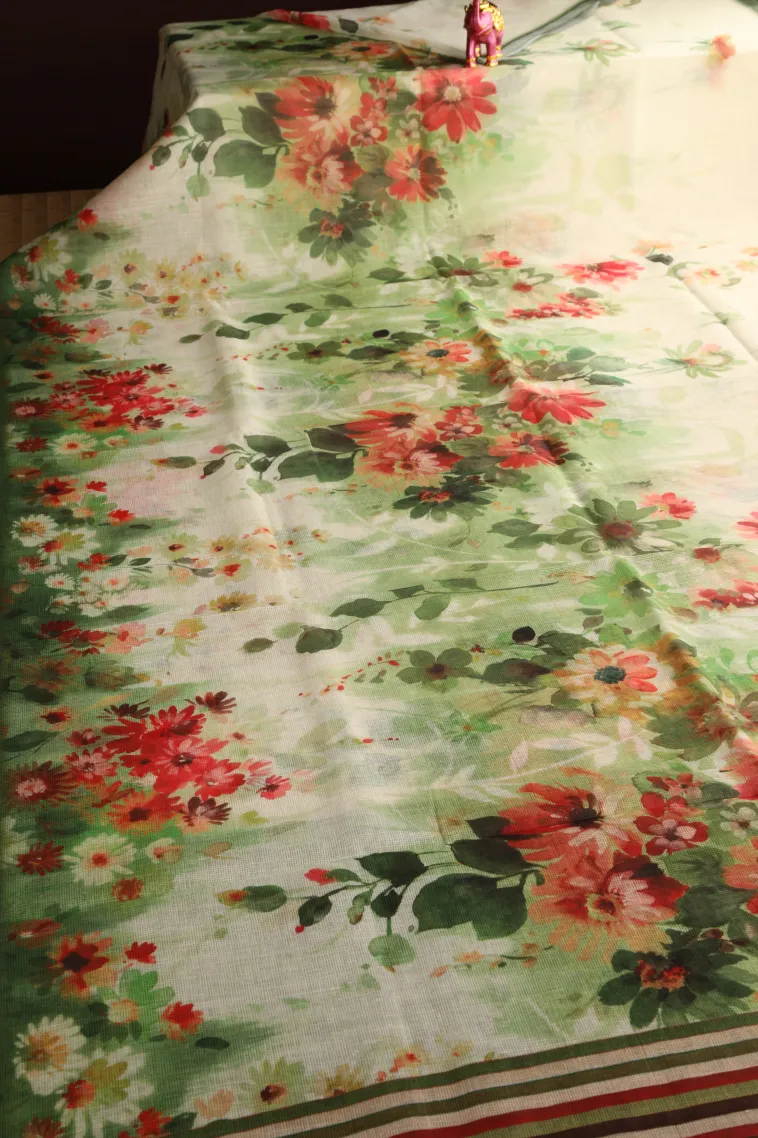 Olive Green Linen Saree Without Zari With Floral Patterns view 2