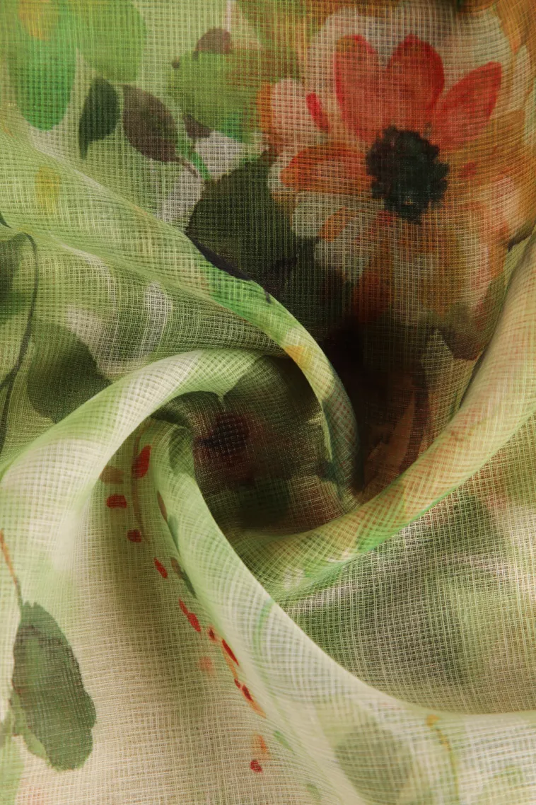 Olive Green Linen Saree Without Zari With Floral Patterns view 4