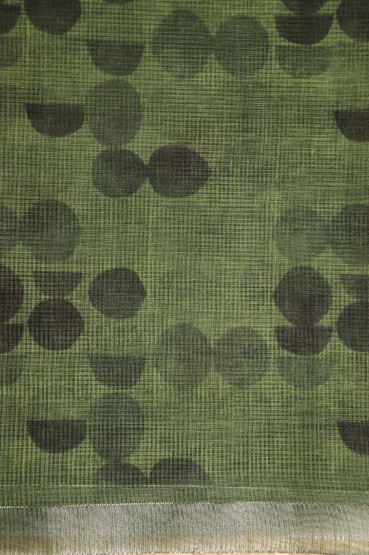 Olive Green Linen Saree Without Zari With Floral Patterns view 3