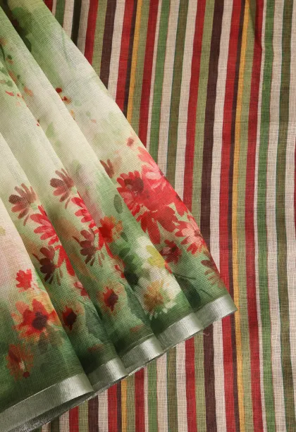 Olive Green Linen Saree Without Zari With Floral Patterns