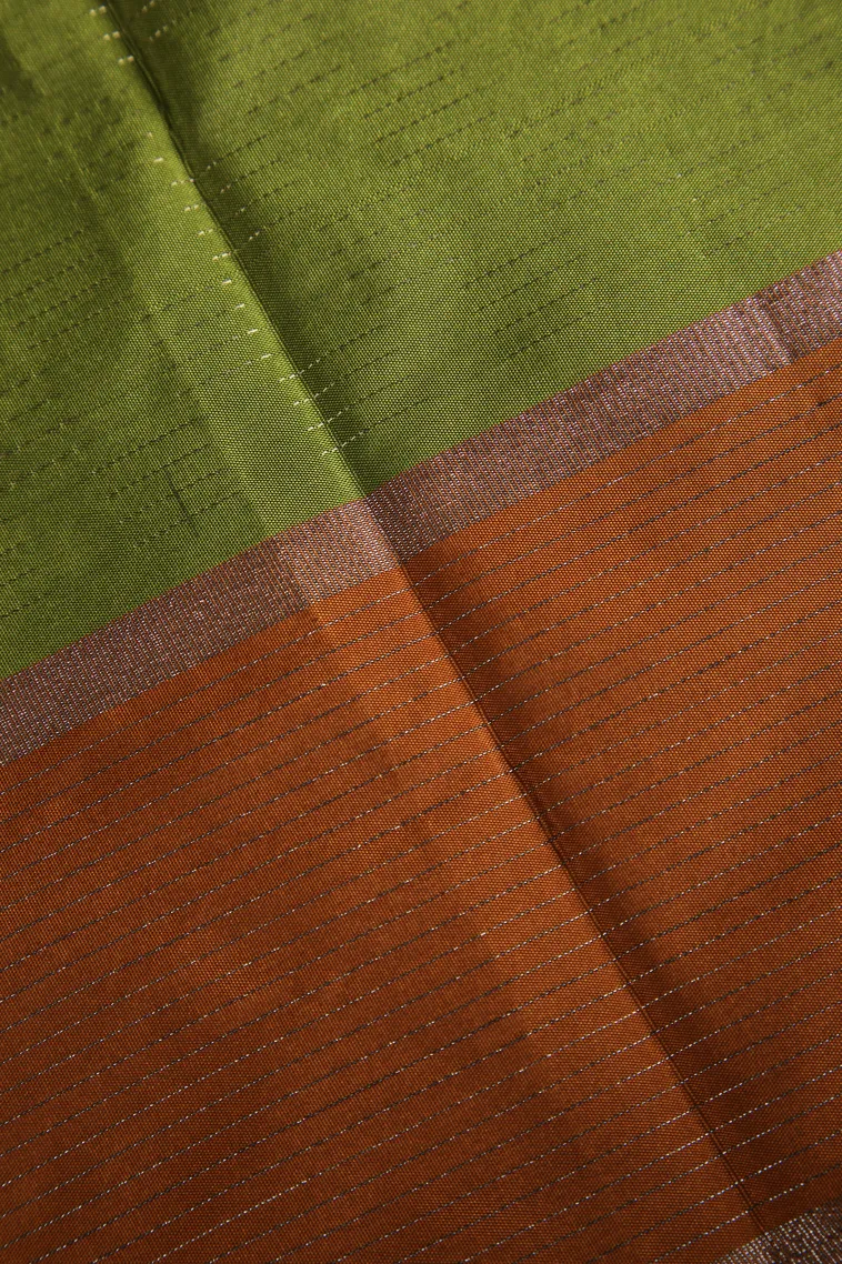 Olive Green Arani Silk Sarees with Silver Zari Horizontal Model view 3