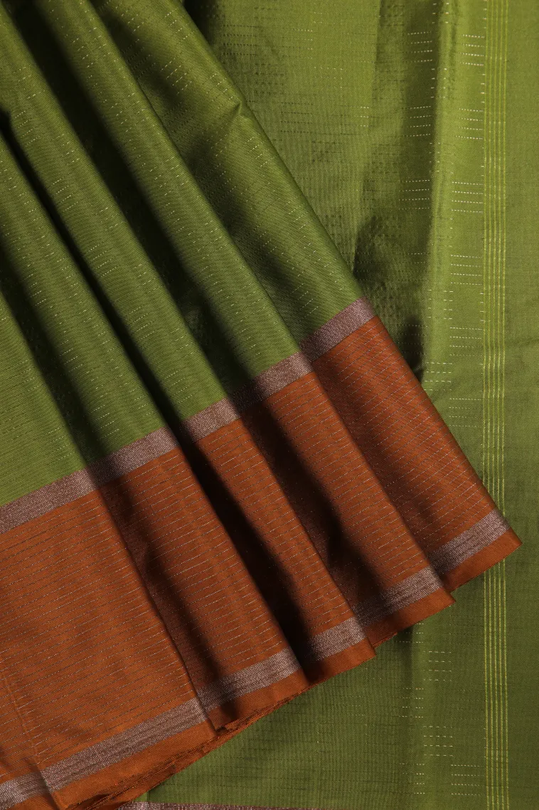 Olive Green Arani Silk Sarees with Silver Zari Horizontal Model view 1