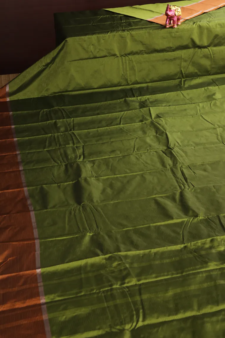 Olive Green Arani Silk Sarees with Silver Zari Horizontal Model view 2