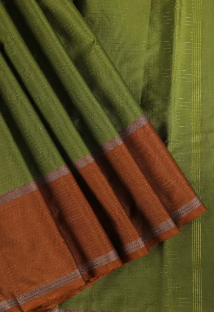 Olive Green Arani Silk Sarees with Silver Zari Horizontal Model