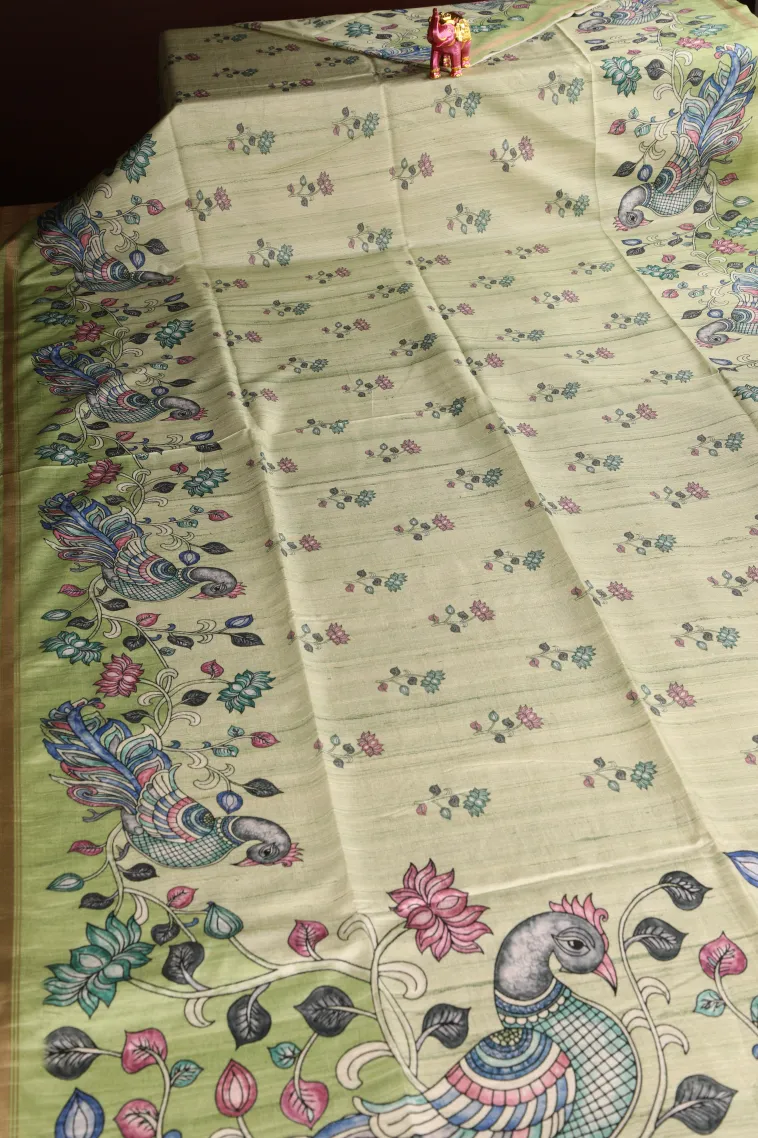 Olive Green Jute Sarees Without Zari With Floral Patterns view 2