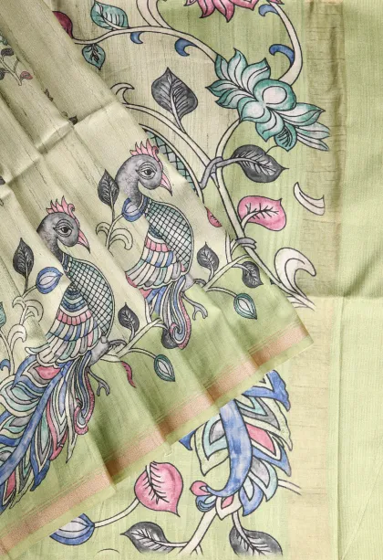 Olive Green Jute Sarees Without Zari With Floral Patterns