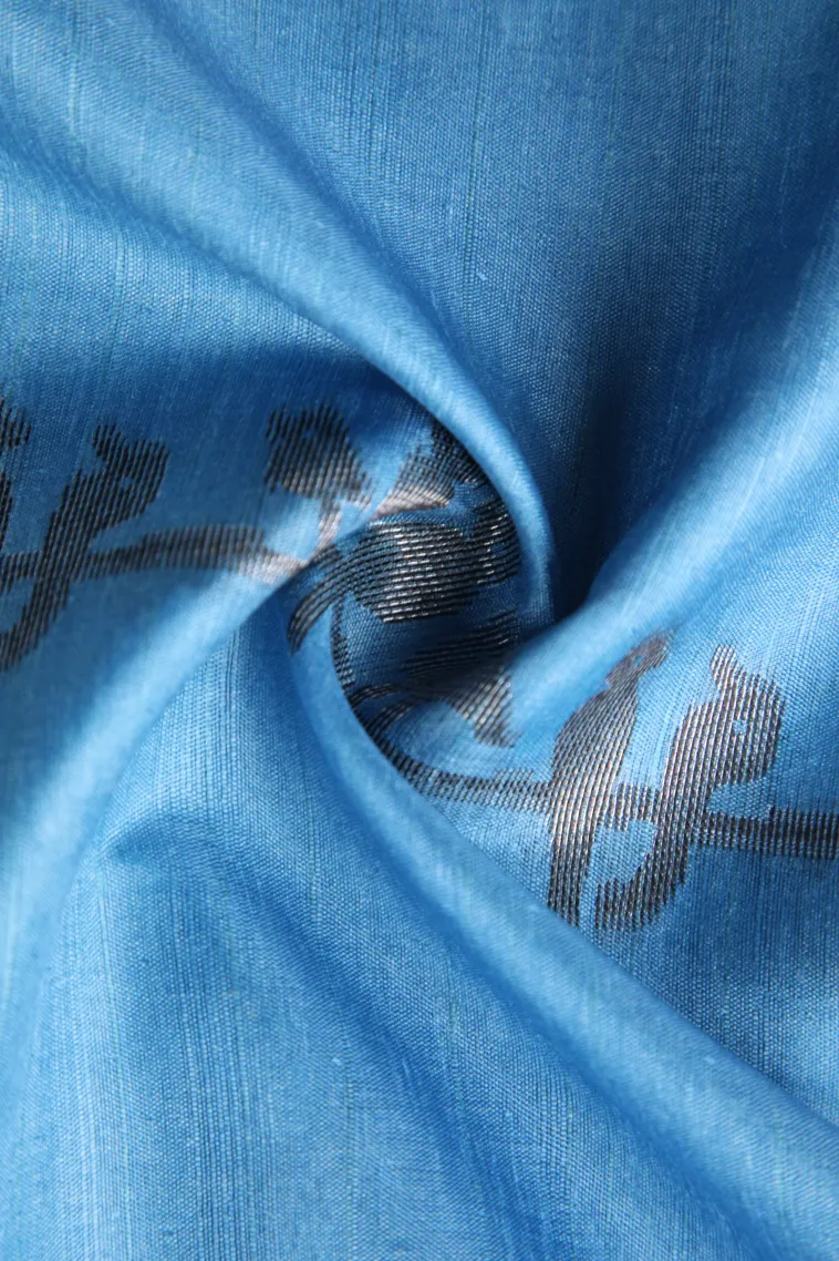 Cerulean Blue Jute Sarees with Antic Zari Birds Mottif view 4