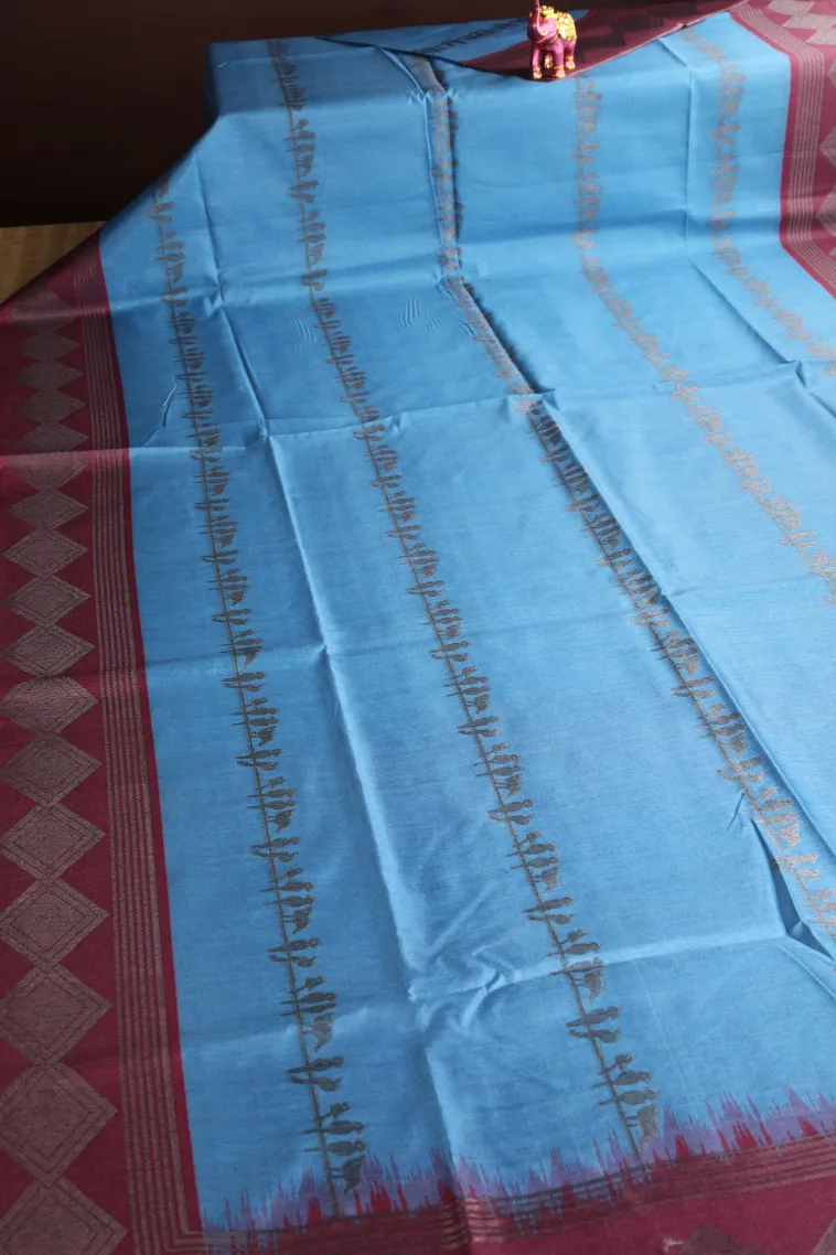 Cerulean Blue Jute Sarees with Antic Zari Birds Mottif view 2